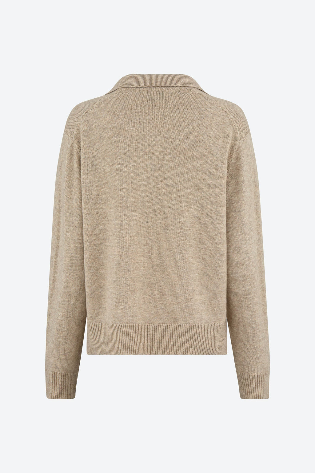 A back view of a beige polo-style knit jumper with long sleeves and ribbed cuffs made by Cymecopenhagen.com.