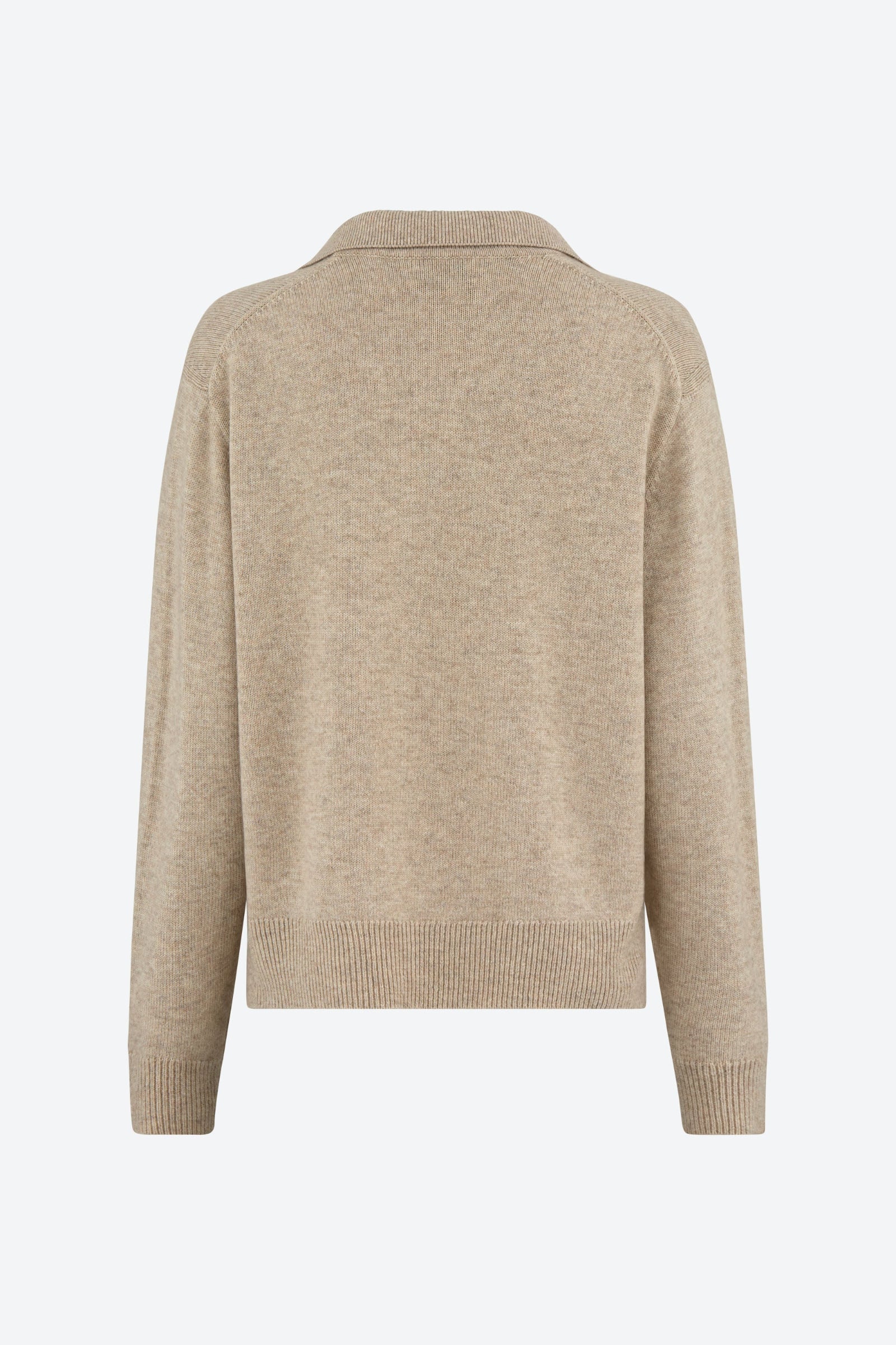 A back view of a beige polo-style knit jumper with long sleeves and ribbed cuffs made by Cymecopenhagen.com.