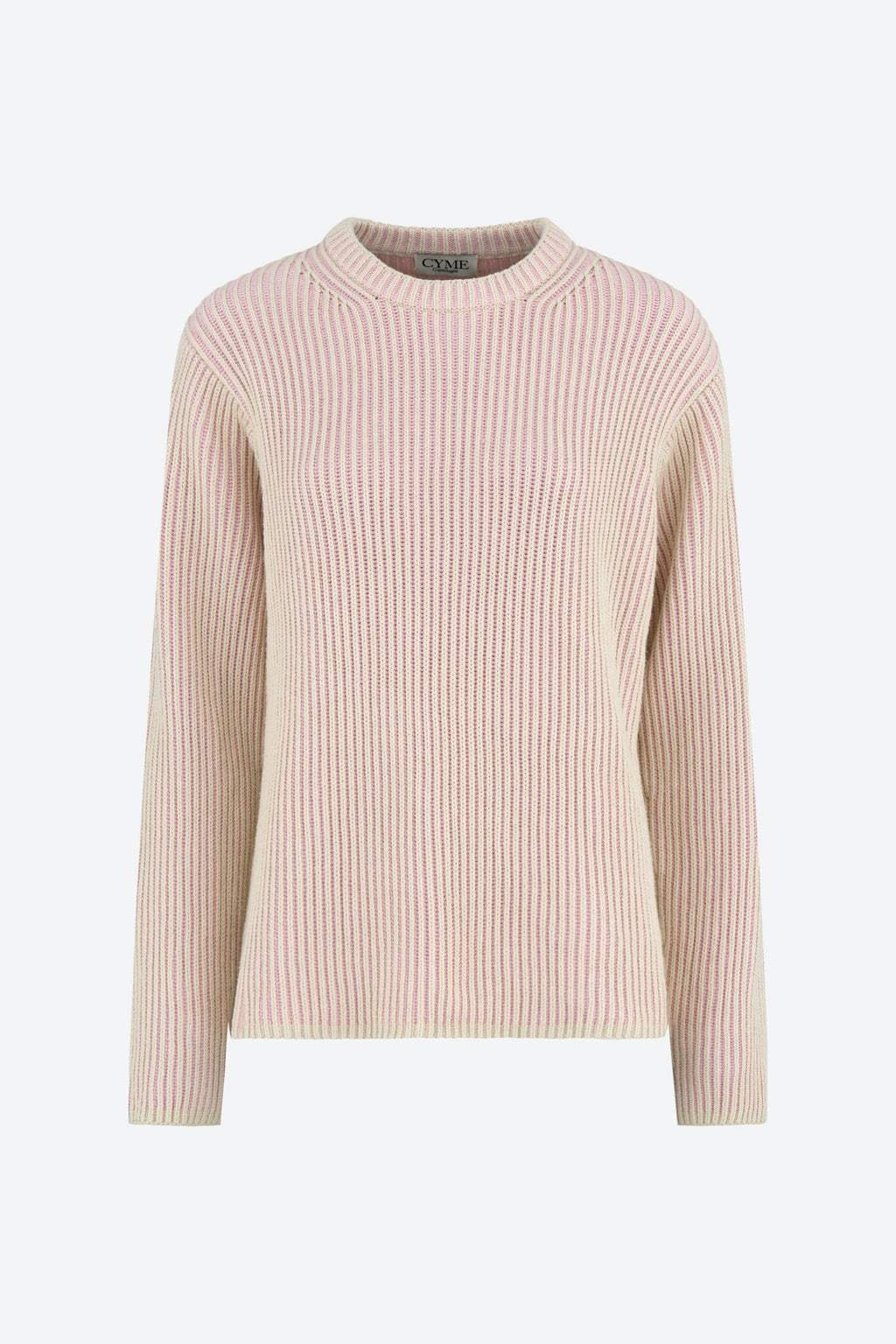 A front view of a ribbed knit sweater in cream and light pink hues, featuring a round neckline and long sleeves made by Cymecopenhagen.com.