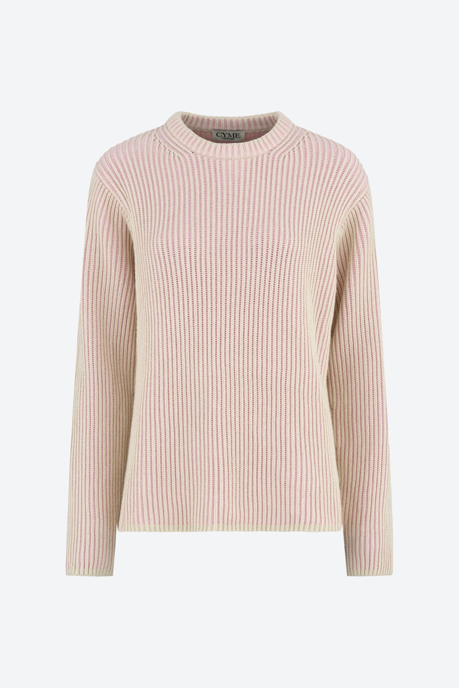 A front view of a ribbed knit sweater in cream and light pink hues, featuring a round neckline and long sleeves made by Cymecopenhagen.com.