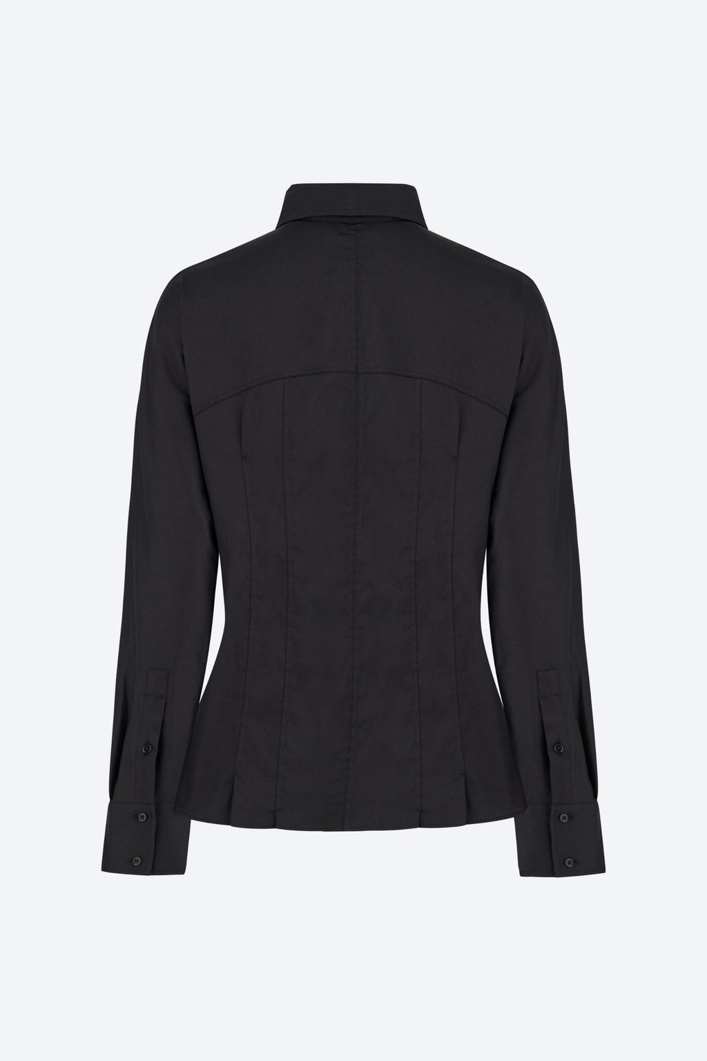 ack view of a black long-sleeve tailored shirt with a structured fit, featuring a pointed collar and buttoned cuffs. The shirt has visible seam lines for a fitted silhouette, displayed on a plain background by Cymecopenhagen.com.