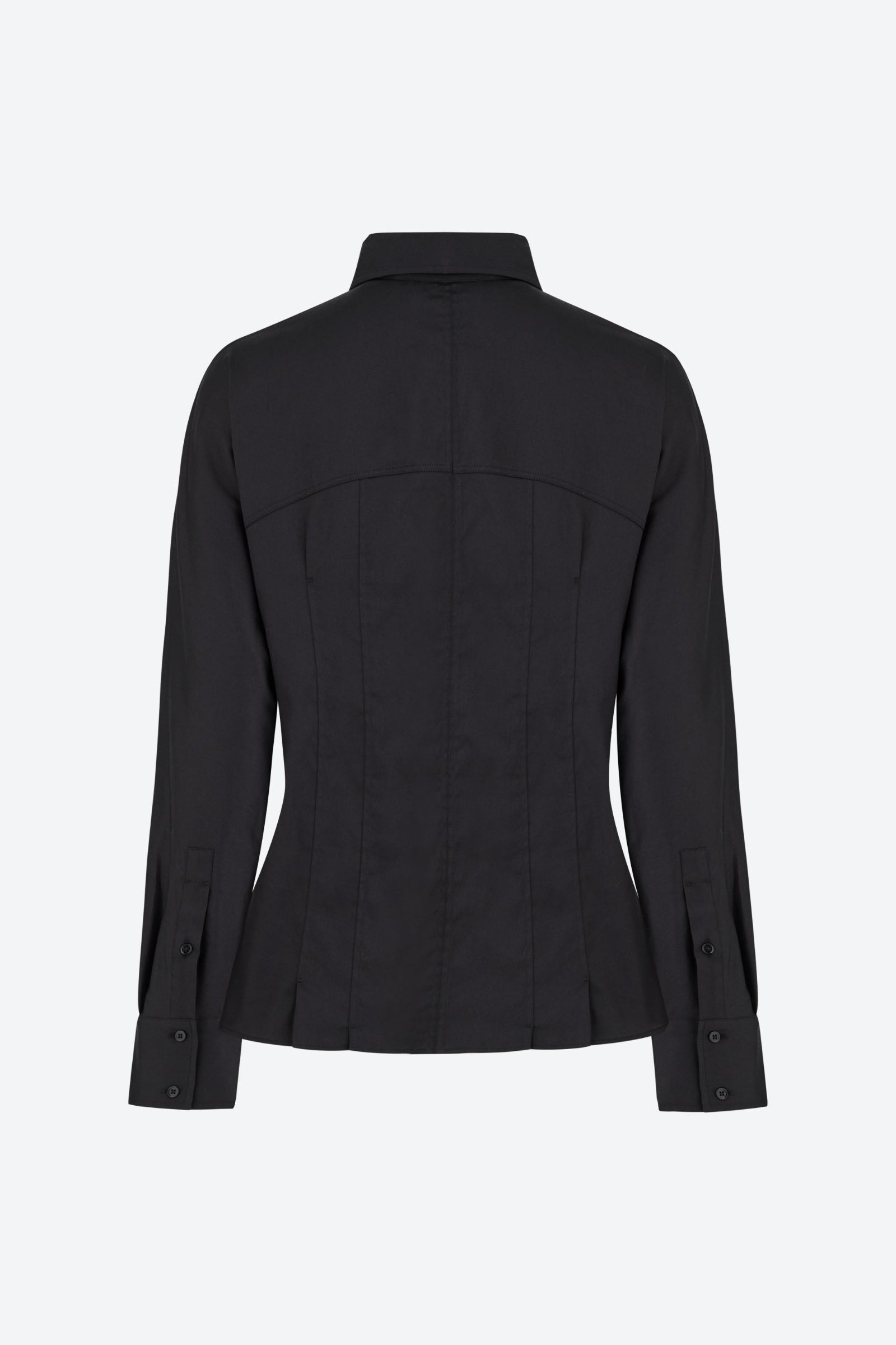 ack view of a black long-sleeve tailored shirt with a structured fit, featuring a pointed collar and buttoned cuffs. The shirt has visible seam lines for a fitted silhouette, displayed on a plain background by Cymecopenhagen.com.
