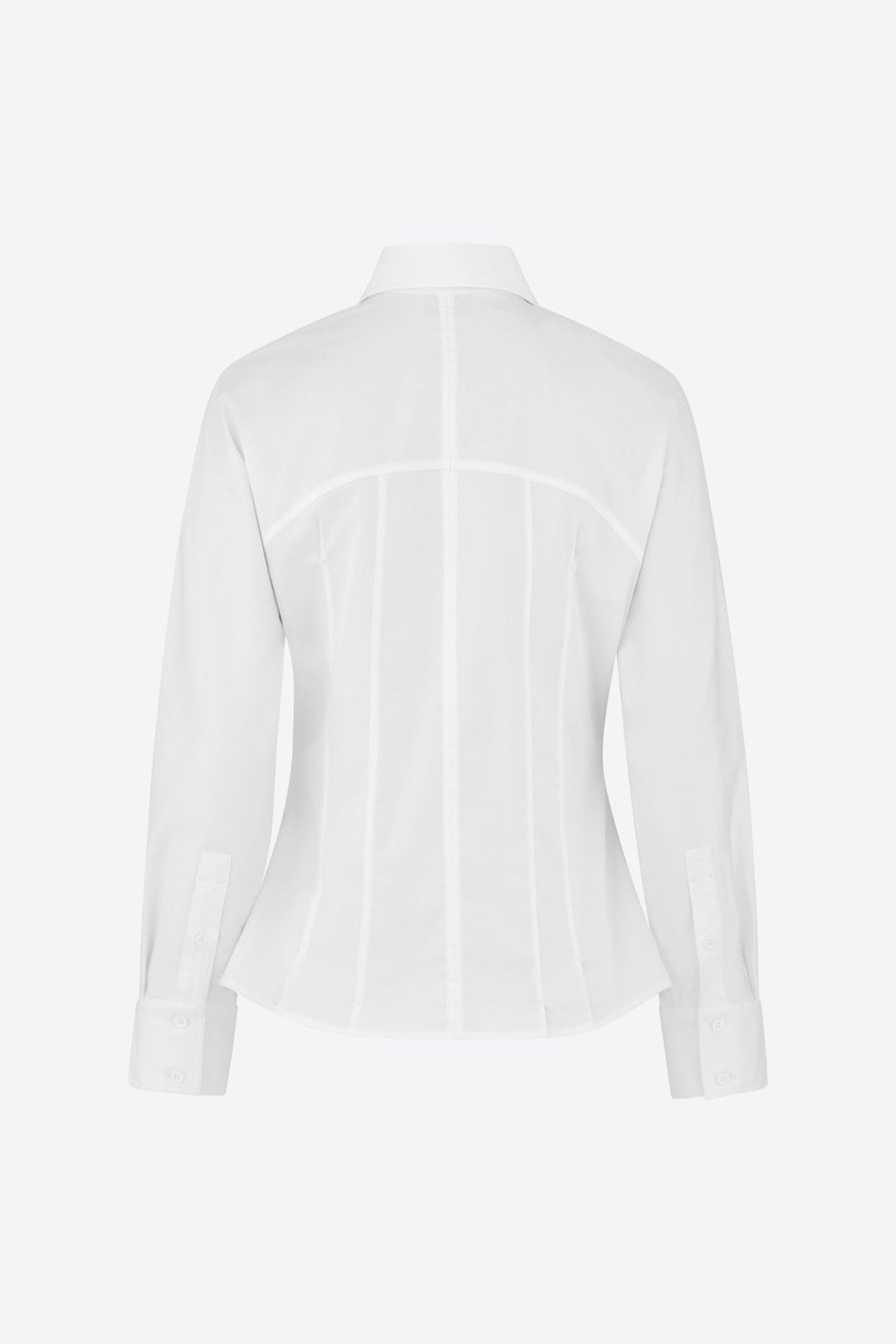 Back view of a white, long-sleeve, tailored shirt with a pointed collar. The shirt features vertical seams that enhance the fit and has a structured design, displayed on a plain background.